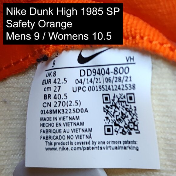 Nike Dunk High 1985 High SP | Safety Orange / Team Orange | Womens 10.5 (Mens 9) - Picture 12 of 13